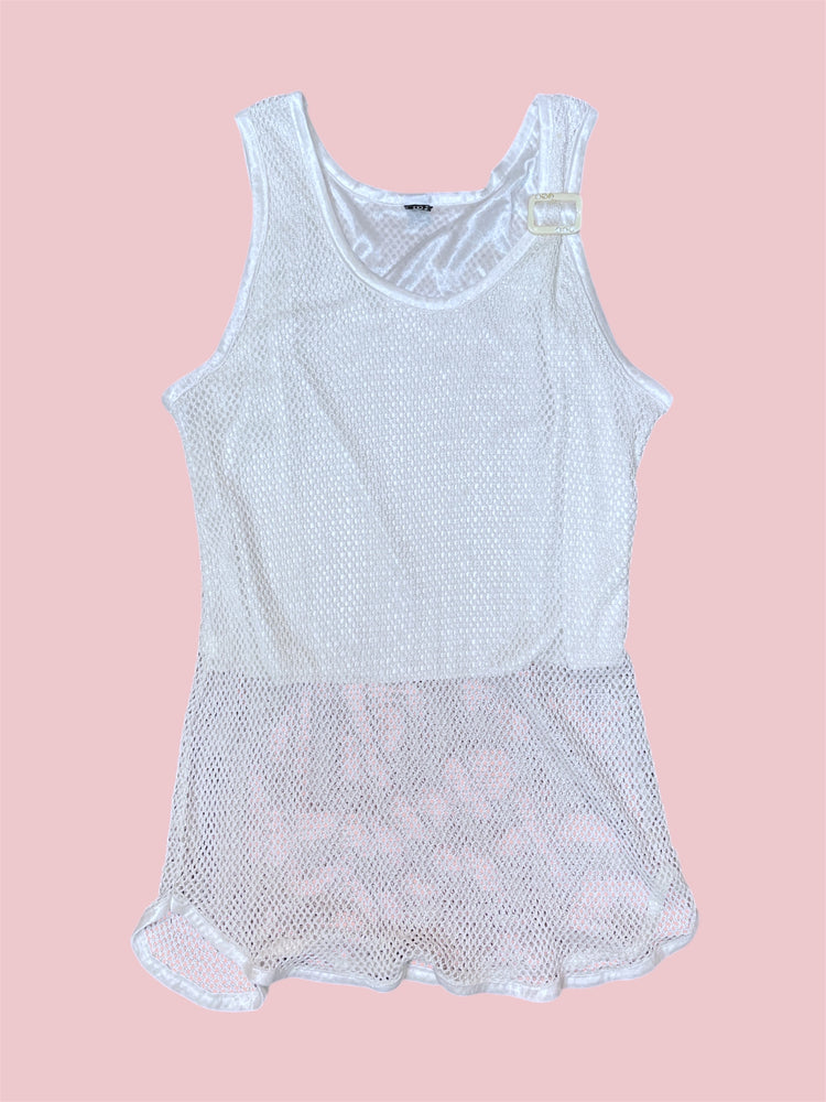 SECOND HAND WHITE MESH TANK WITH RHINESTONE BUCKLE DETAIL