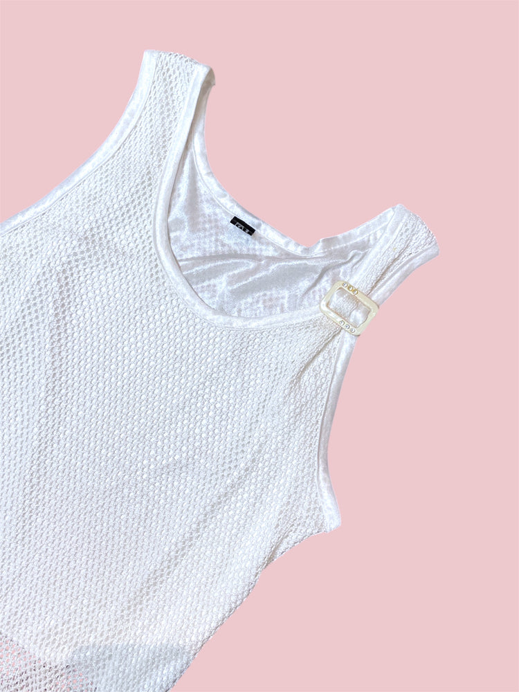 SECOND HAND WHITE MESH TANK WITH RHINESTONE BUCKLE DETAIL