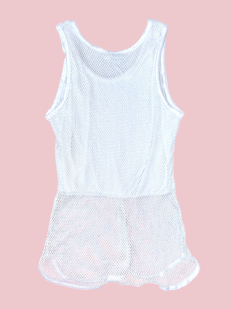 SECOND HAND WHITE MESH TANK WITH RHINESTONE BUCKLE DETAIL