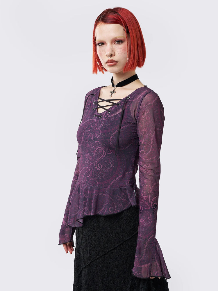 MINGA LONDON WINONA LACE UP FLARED SLEEVE TOP