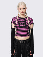 MINGA LONDON BAD KITTY PINK STRIPED DETACHABLE SLEEVE TOP