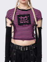 MINGA LONDON BAD KITTY PINK STRIPED DETACHABLE SLEEVE TOP