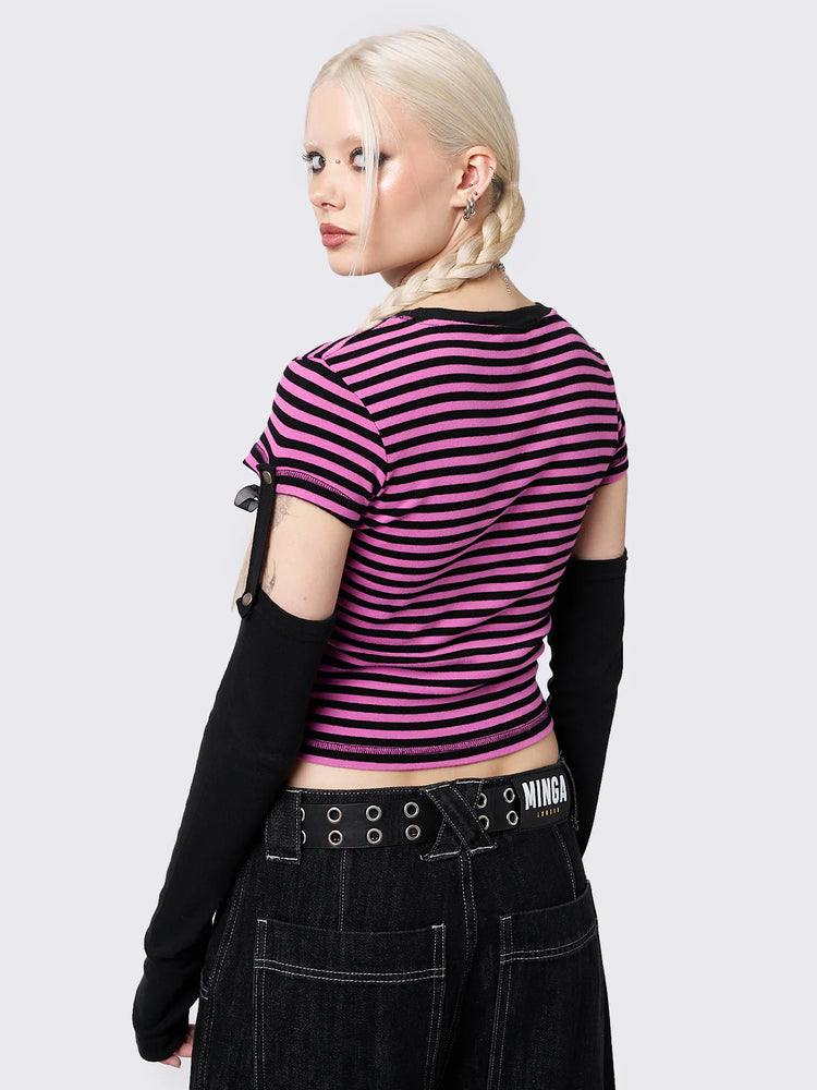 MINGA LONDON BAD KITTY PINK STRIPED DETACHABLE SLEEVE TOP