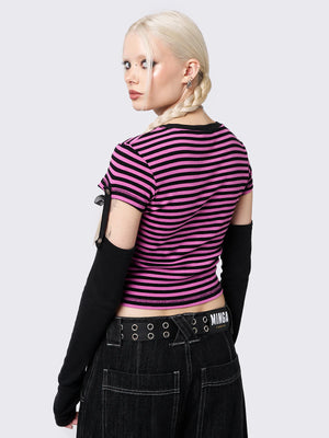 MINGA LONDON BAD KITTY PINK STRIPED DETACHABLE SLEEVE TOP
