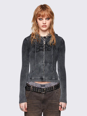 MINGA LONDON KAI GREY KNITTED ZIP-UP HOODIE