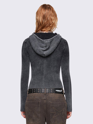 MINGA LONDON KAI GREY KNITTED ZIP-UP HOODIE