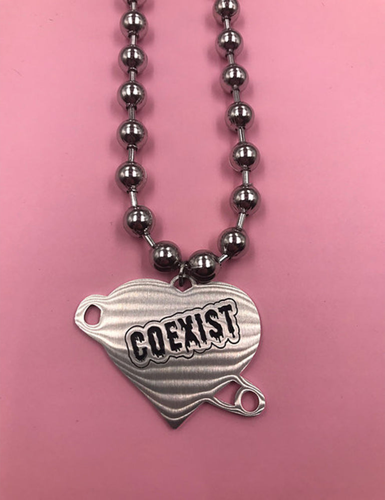 COEXIST GLITTER HEART SAFETY PIN NECKLACE