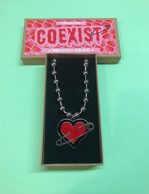 COEXIST GLITTER HEART SAFETY PIN NECKLACE