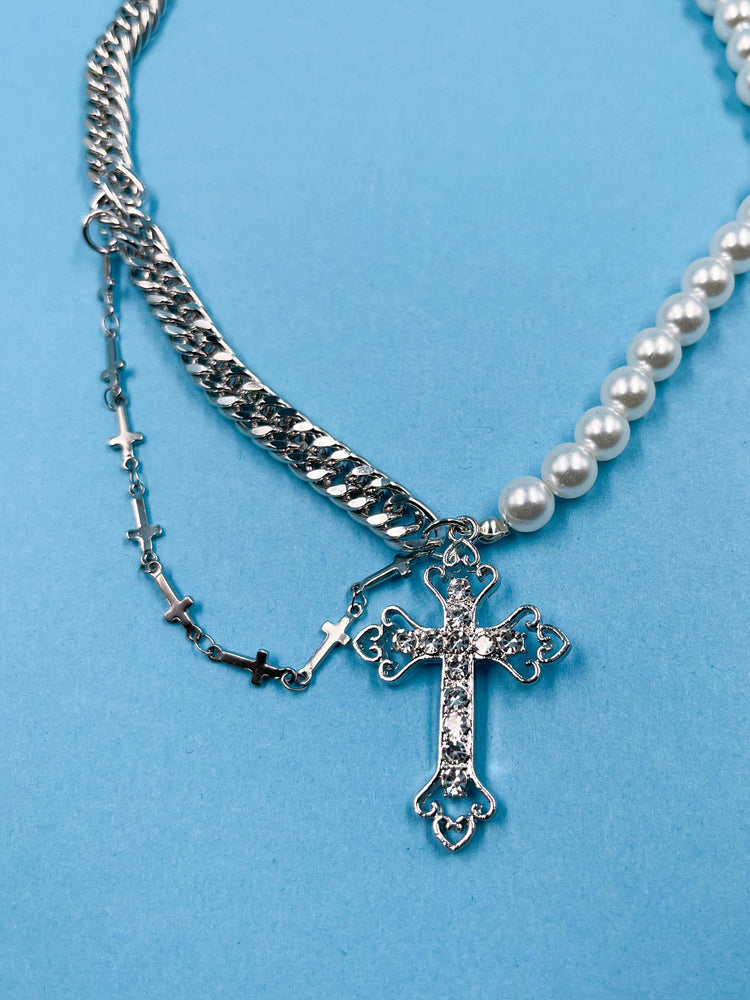 PEARL CHAIN AND HANGING CROSS NECKLACE