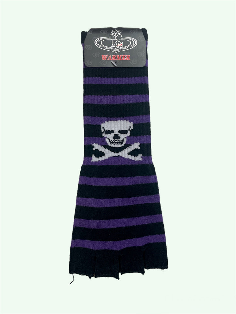 PURPLE BLACK STRIPE SKULL FINGERLESS GLOVES