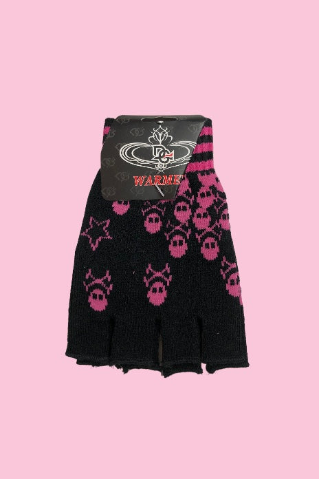 PINK SKULLS FINGERLESS GLOVES